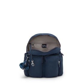 Kipling small blue backpack with open main compartment, silver-tone zips, front pockets, and signature monkey keychain