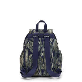 Kipling backpack in Striped Grasses print, rear view showing navy blue straps, top handle, and buckle fastening detail.