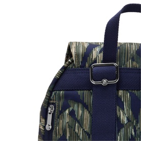 Kipling bag in Striped Grasses print, navy grosgrain straps and silver-tone hardware, zip pocket detail visible.
