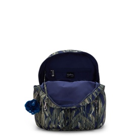 Kipling backpack in Striped Grasses print, open top view showing blue interior lining and signature monkey keyring charm.