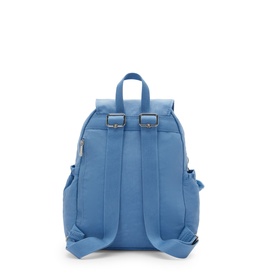 Kipling Vintage Blue backpack, rear view showing padded shoulder straps, top carry handle, and silver-tone buckle adjusters.