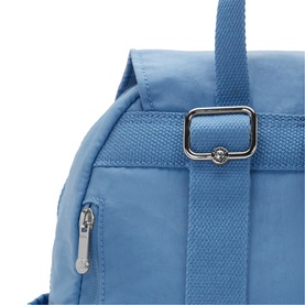 Kipling Vintage Blue bag close-up showing silver-tone buckle strap detail and zip pocket on textured nylon fabric.