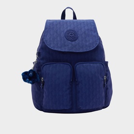 Kipling navy blue textured nylon backpack with flap closure, two front pockets, silver-tone zips, and signature monkey keyring charm.