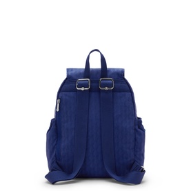 Navy blue backpack with silver-tone buckle fastening, padded shoulder straps, and side pockets, shown from rear