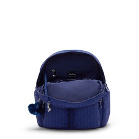 Kipling blue backpack open top view showing spacious interior, front zip pocket, and signature monkey keychain