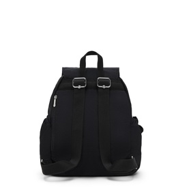 Kipling black backpack, rear view showing padded straps, top carry handle, silver buckle fastenings and monkey keychain