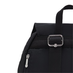 Black nylon backpack close-up showing silver-tone buckle strap adjuster and zip pocket detail