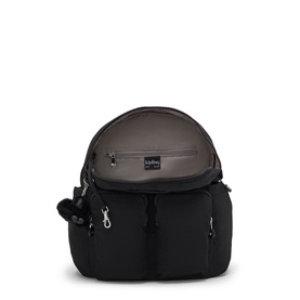 Kipling black backpack shown open, revealing grey interior lining, with front zip pockets and silver-tone hardware