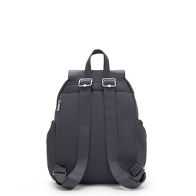 Black fabric backpack, rear view, padded adjustable straps, silver-tone buckle fastenings and zip pocket detail