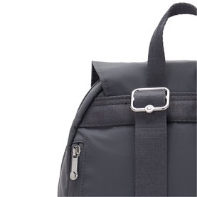 Close-up of dark grey nylon backpack showing silver buckle strap adjuster and zip pocket detail
