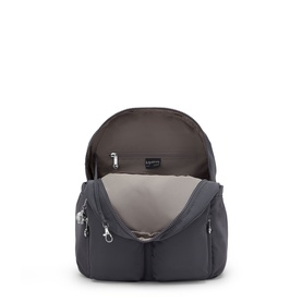 Kipling dark grey backpack, open top view showing spacious beige interior lining and front zip pockets