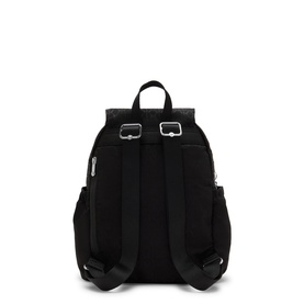 Black backpack, rear view, padded straps, silver buckle hardware, zip side pocket