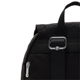 Black quilted backpack close-up showing silver-tone buckle clasp, top handle, and zip detail