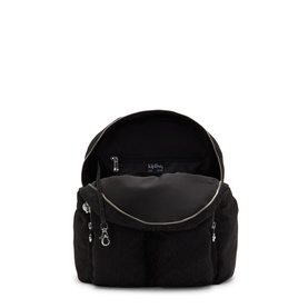 Kipling black nylon backpack shown open, revealing spacious main compartment with silver-tone zip details and side pockets