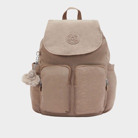 Kipling taupe crinkle nylon backpack with flap closure, two front zip pockets, silver hardware, and signature monkey keychain