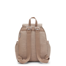 Taupe small backpack rear view, adjustable padded straps, silver-tone hardware, zip pocket, textured fabric