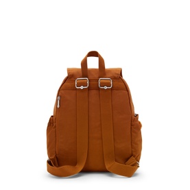 Tan nylon backpack, rear view, padded shoulder straps, silver buckle hardware, adjustable straps