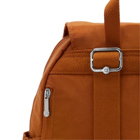 Kipling tan orange nylon backpack close-up showing silver buckle hardware, webbing straps and zip detail