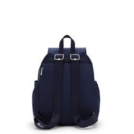 Kipling Infinite Blue backpack, rear view showing padded straps, silver buckle fastenings, and side zip pocket.