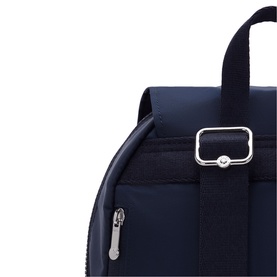 Kipling backpack in Infinite Blue with silver hardware buckle detail and side zip pocket, close-up view