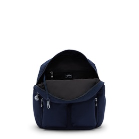 Kipling Infinite Blue backpack, open top view showing grey interior, silver zip pulls and front zip pockets