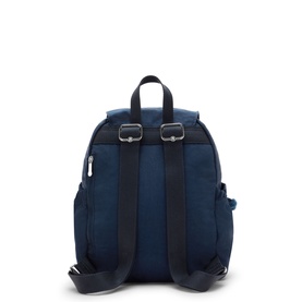 Kipling backpack in Blue Bleu 2, rear view showing padded shoulder straps, top carry handle and silver-tone hardware buckles.