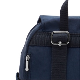 Kipling bag in Blue Bleu 2, close-up of silver logo buckle on adjustable strap with zip pocket detail.