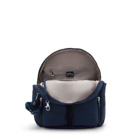 Kipling backpack in Blue Bleu 2, shown open to reveal padded laptop sleeve and spacious main compartment with silver-tone zips.