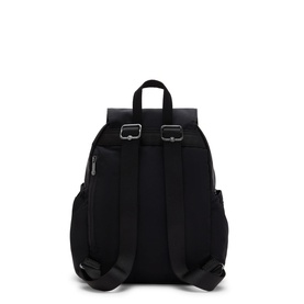 Black backpack, rear view, padded shoulder straps, silver-tone buckle hardware, exterior zip pocket, structured base