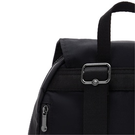 Black nylon backpack close-up showing silver buckle hardware, adjustable strap, and zip pocket detail
