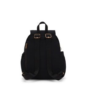 Kipling backpack in black with gold-tone hardware, dual adjustable shoulder straps and top carry handle, rear view.