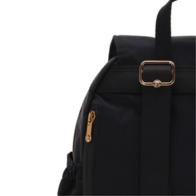 Kipling backpack in black with gold-tone zip and clip hardware detail, close-up of side pocket and strap attachment.