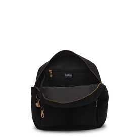 Kipling backpack in Blush Gold Black, open view showing spacious interior lining and gold-tone zip details