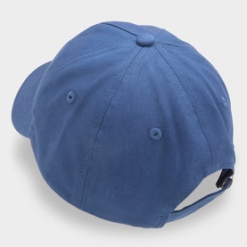 Calvin Klein cap in dark denim blue, rear view showing adjustable metal buckle strap and structured six-panel design
