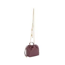 Chlo&eacute; burnt red lambskin crossbody bag with gold ring handle, drawstring top, and long gold chain strap