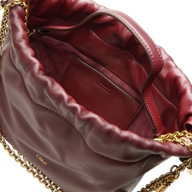Chlo&eacute; Burnt Red lambskin crossbody bag open view showing burgundy calfskin interior and gold chain strap detail