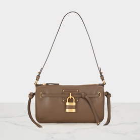 Chlo&eacute; smoked brown lambskin shoulder bag with gold padlock detail, knotted side ties, and slim adjustable shoulder strap