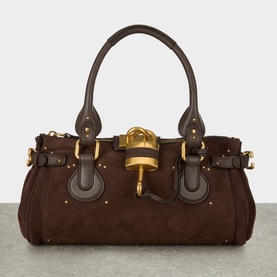Chlo&eacute; Kohl Brown suede shoulder bag with gold padlock detail, dual top handles, buckle straps, and gold-tone stud hardware