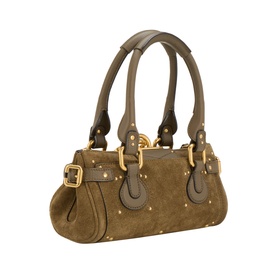 Chlo&eacute; Deep Khaki suede leather shoulder bag with gold-tone hardware, buckle detail, dual top handles and stud embellishments