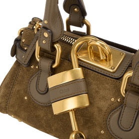 Chlo&eacute; deep khaki suede and leather shoulder bag with oversized gold padlock detail, gold-tone hardware and zip fastening