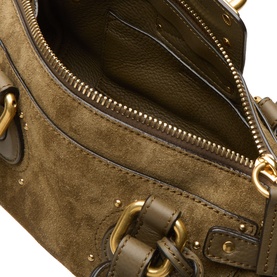 Chlo&eacute; deep khaki suede and leather shoulder bag, open top view showing gold-tone zip and hardware detail