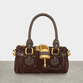 Chlo&eacute; Kohl Brown suede shoulder bag with gold-tone padlock hardware, studded detailing, and short top handles
