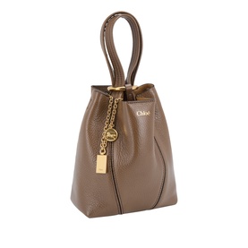 Chloe smoked brown leather tote bag with top handle, gold-tone chain and logo charm detail, drawstring bucket silhouette