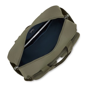 Kipling bag in Almost Sage, open top view revealing navy blue interior lining and zip pocket, with silver-tone hardware
