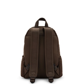 Kipling backpack in Soft Leopard, rear view showing padded shoulder straps, top carry handle, and side zip pockets.