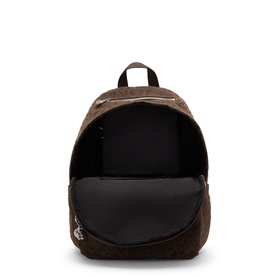 Kipling backpack in Soft Leopard print, shown open to reveal black interior lining and front zip pocket, silver-tone hardware.