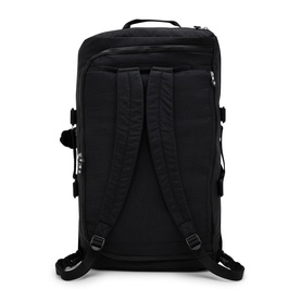 Black large backpack rear view showing padded shoulder straps, back panel, top carry handle, and multiple zip pockets