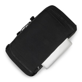 Black padded laptop sleeve with zip closure, shown open with laptop partially inserted, black exterior with silver zip detail