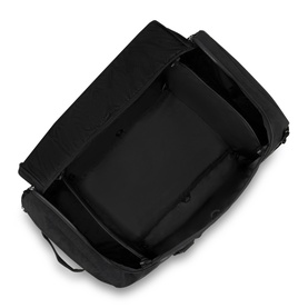 Black travel bag shown open from above, revealing structured interior compartments with rigid dividers and dark lining