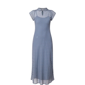 Damson Madder bluegrey checked midi dress with cap sleeves, keyhole neckline, and sheer overlay skirt